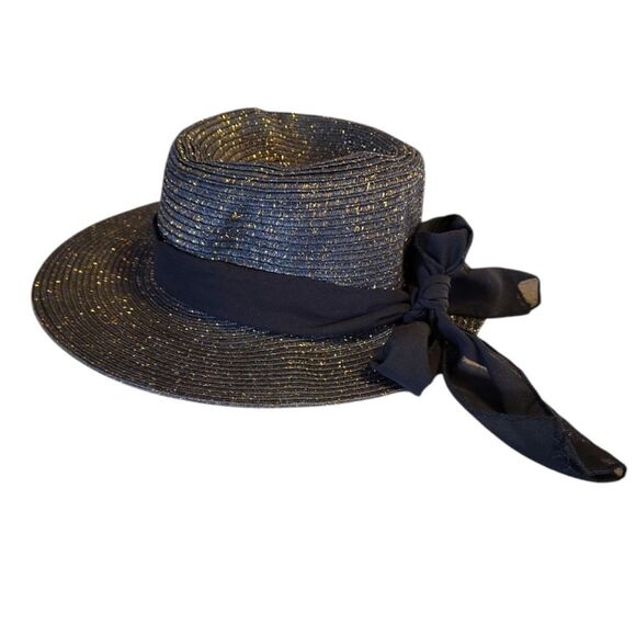 Black Gold Metallic Weaved Wide Brim Straw Sun Hat With Black Ribbon - Picture 5 of 8